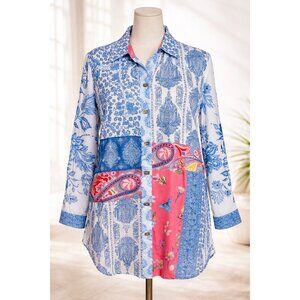 John Mark Spring Fling Mixed Print Patchwork Tunic Shirt Top, Large, NWT